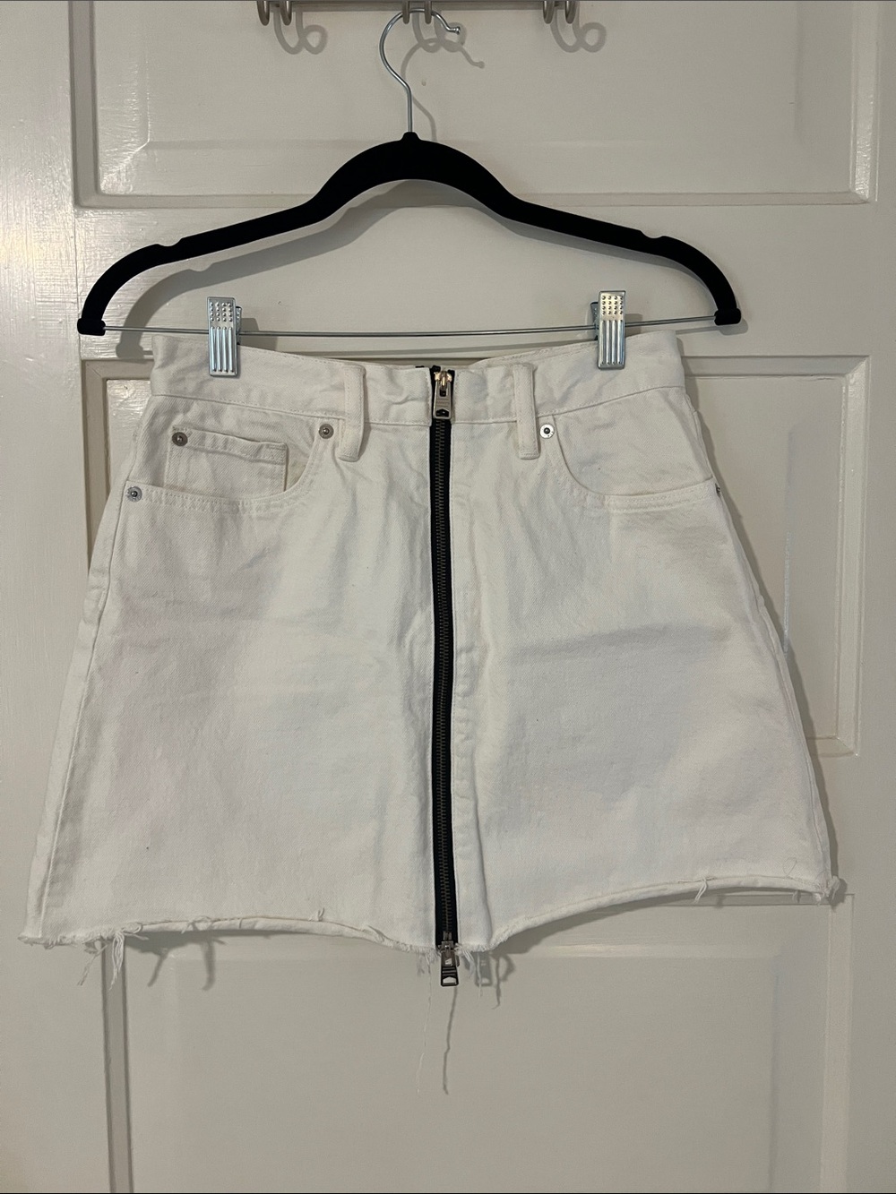 All Saints White Denim Mini Skirt with Center Zip